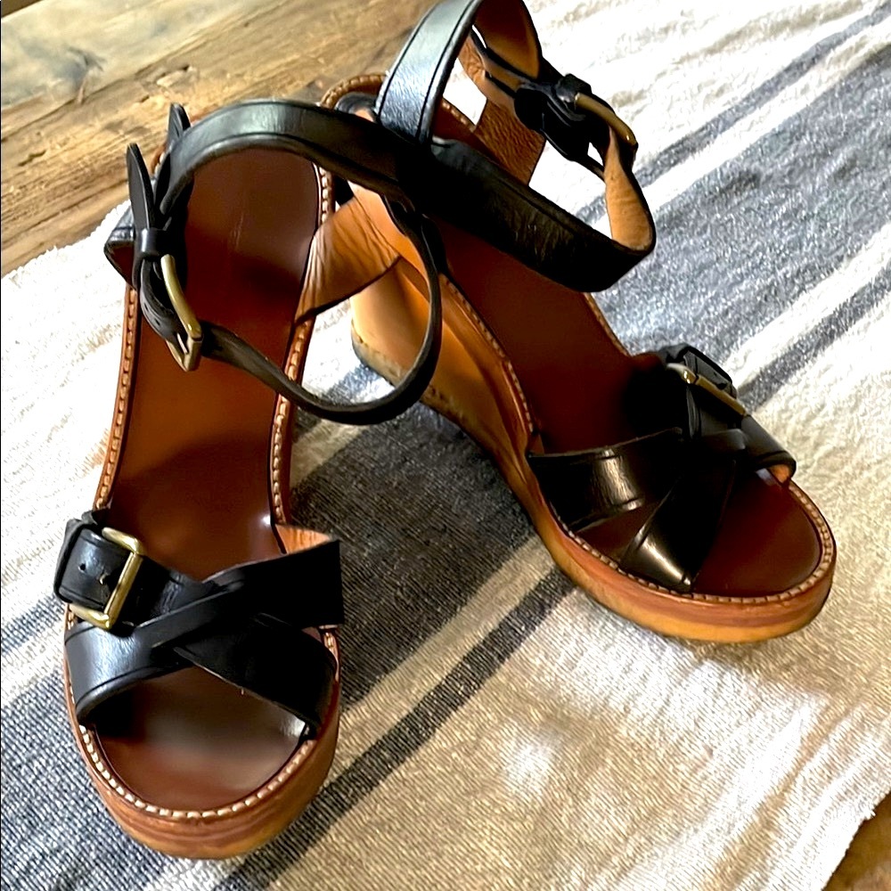 ISABEL MARANT Paris Black Leather Handy Wood Wedge Buckle BOHO Sandals 10 RARE! - Picture 4 of 8